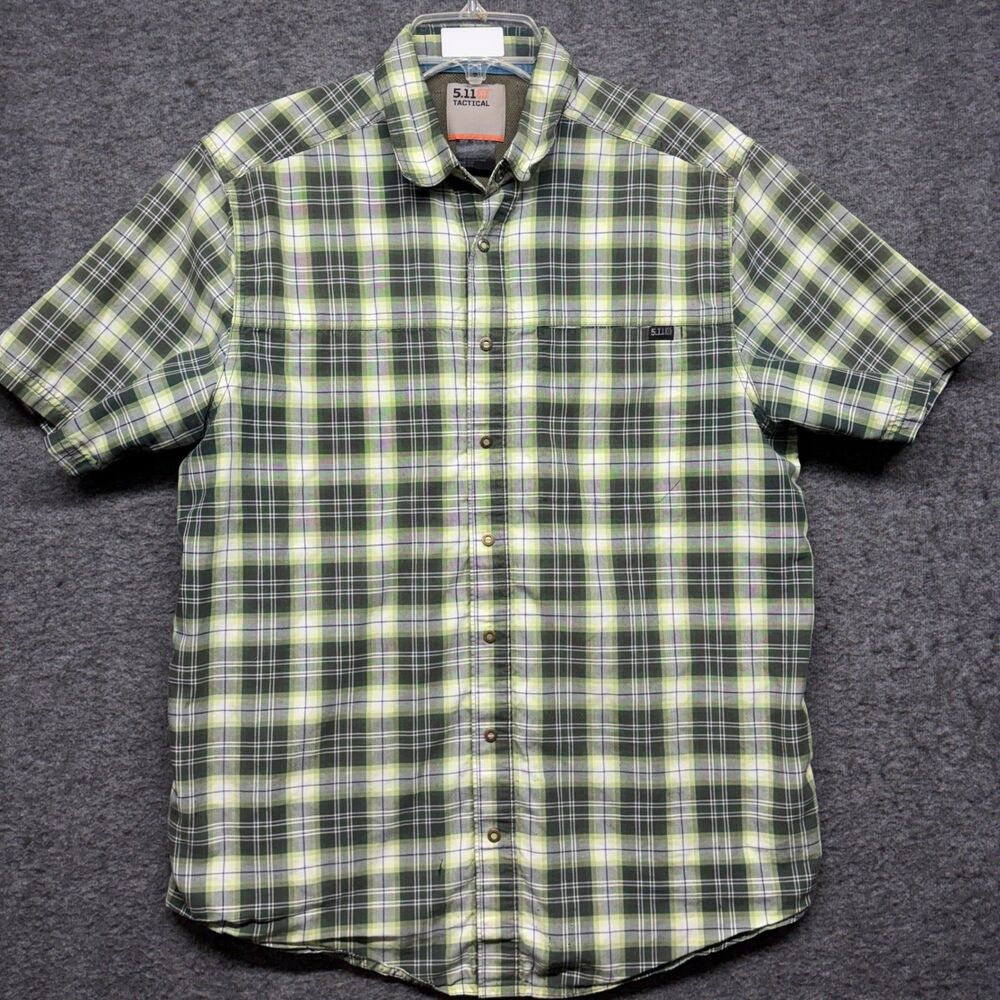 5.11 Tactical Mens Medium Green Plaid Ripstop Short Sleeve Vented Fishing Shirt